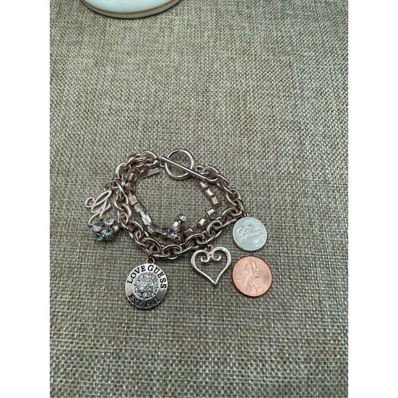 Vintage Guess Charmed Bracelet  Double-strand  Gold-tone Crystal, Rhinestones, H - Picture 7 of 9